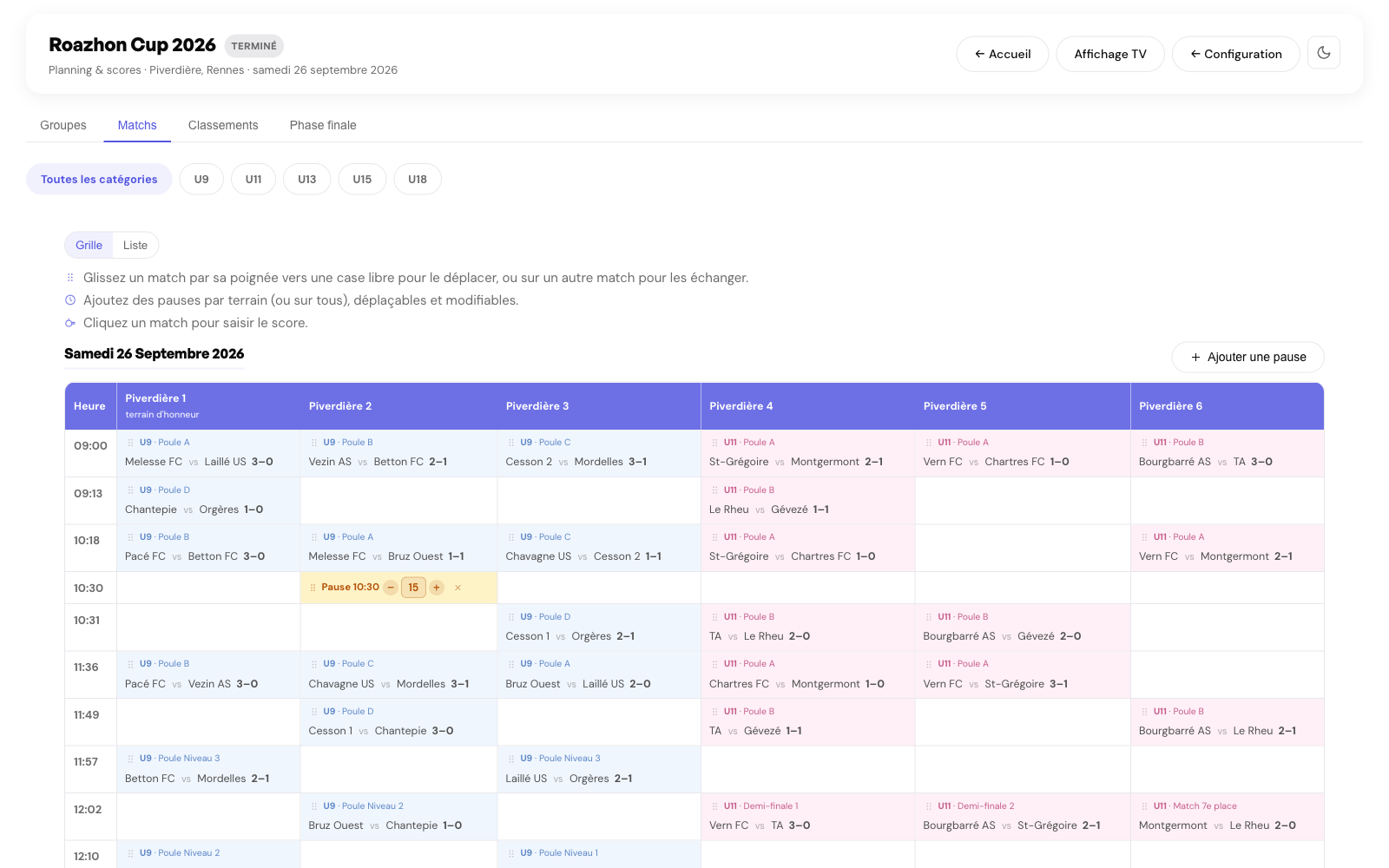 Le planning multi-terrains, en un clic, aperçu de Footastic CUP
